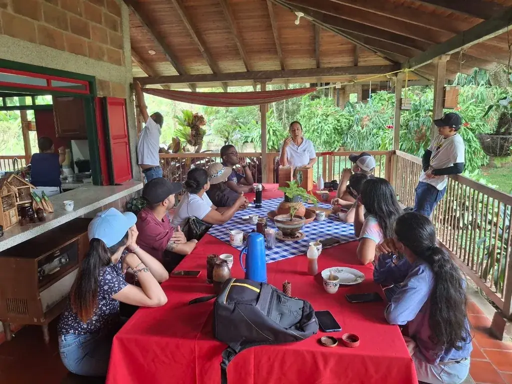 Grupo reunido alrededor de las cajas de meliponini en la casa de la reserva