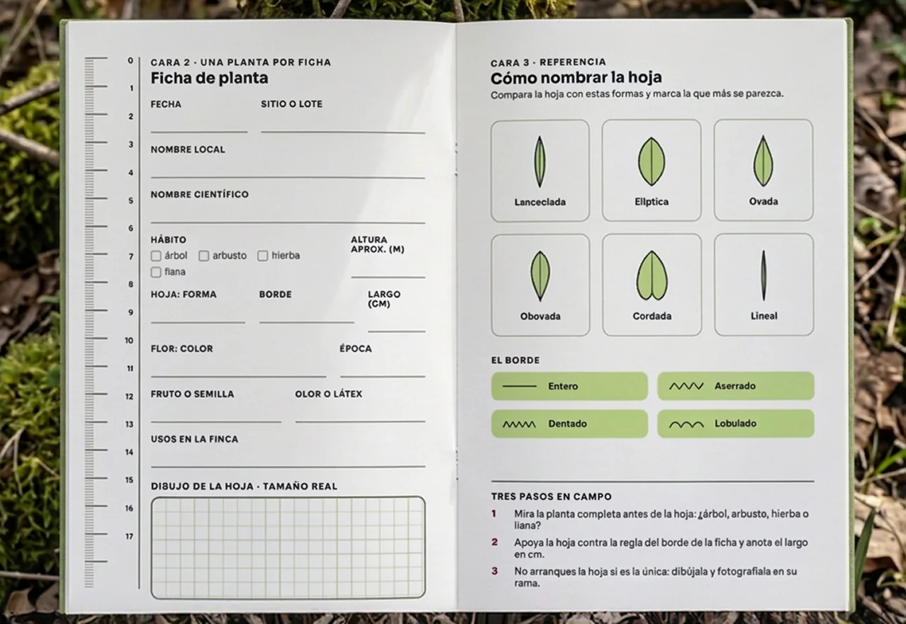 Libreta de campo abierta: a la izquierda la ficha para anotar una planta, a la derecha la guía para nombrar la forma y el borde de la hoja