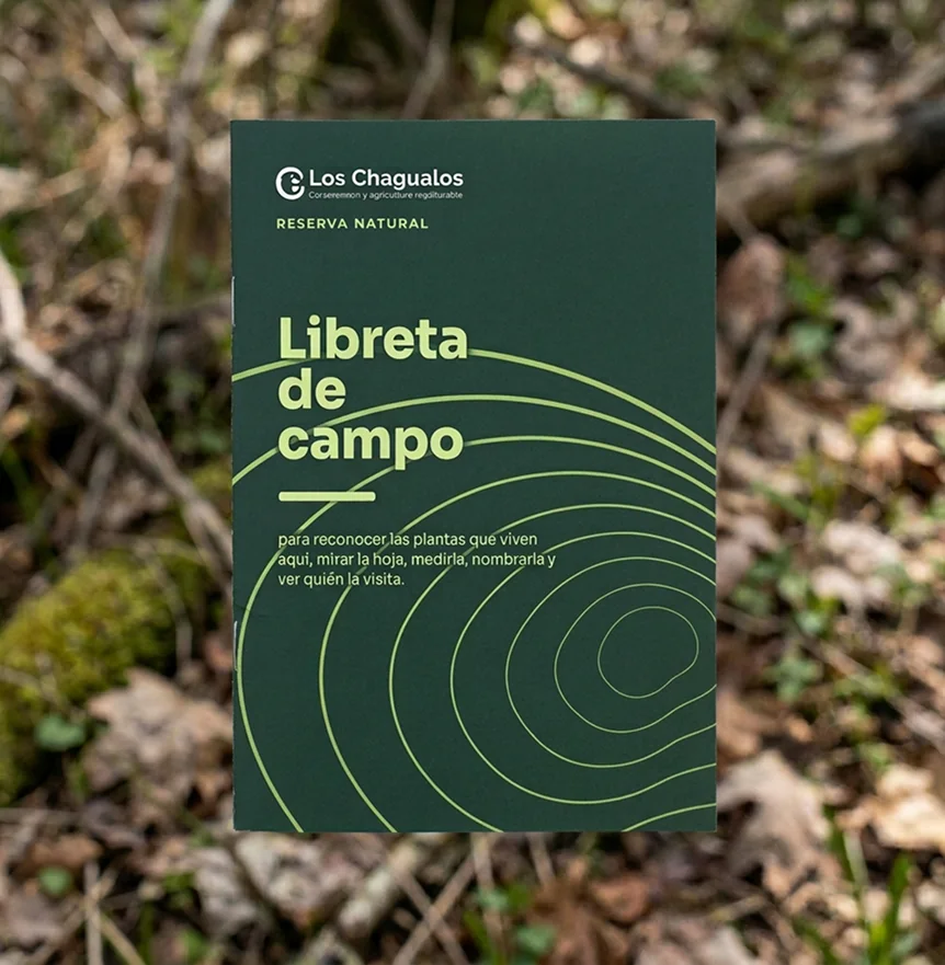Portada de la libreta de campo de Los Chagualos sobre la hojarasca del bosque