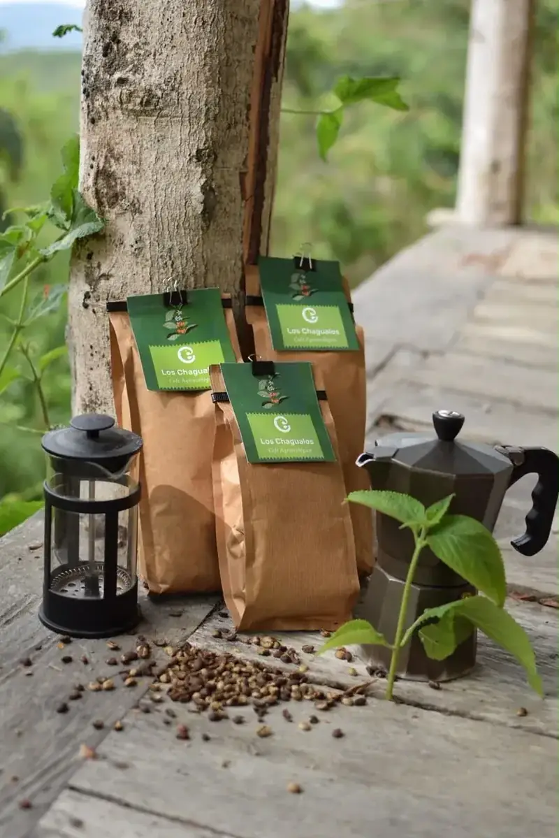 Café de la reserva servido junto a las bolsas de los tres procesos