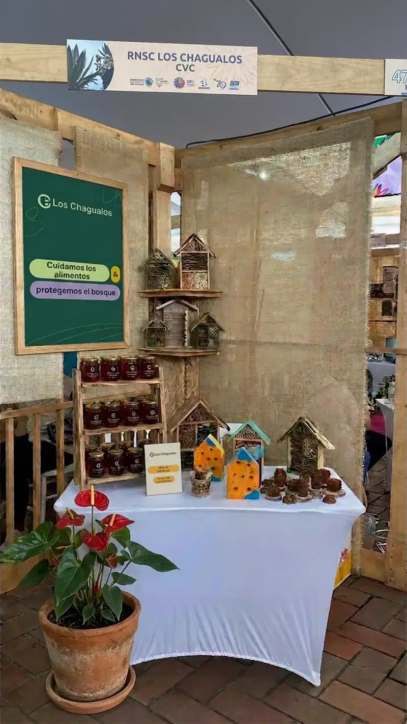 El stand de la reserva en la COP16, con la miel, los refugios de abejas y el sello de la CVC